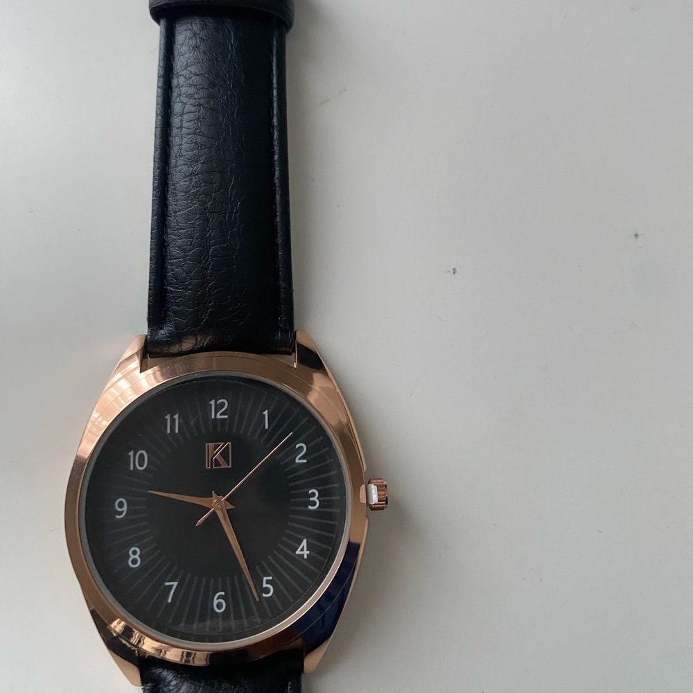 K men rose gold watch with black leather band
